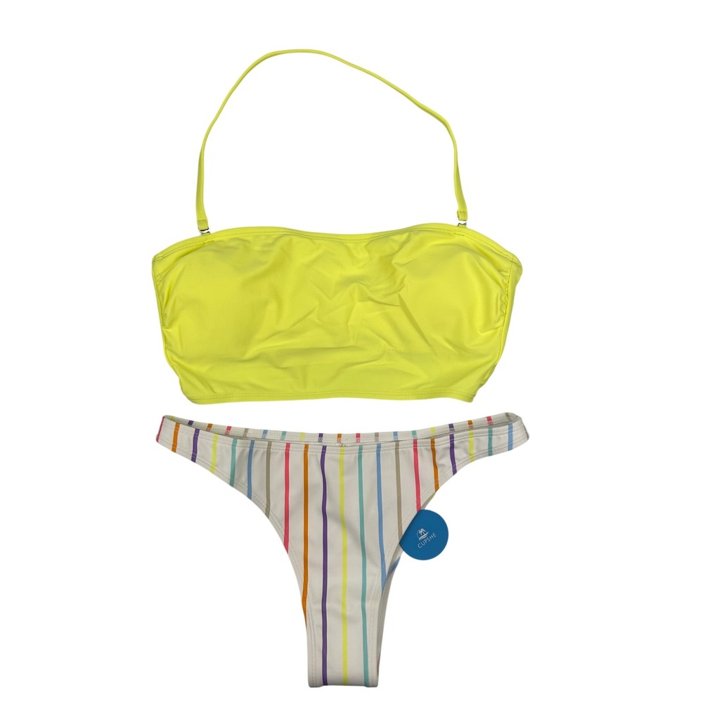 Cupshe Womens Neon Yellow Bandeau Multi Stripe High Cut Bikini Set Medium NEW